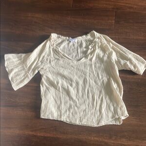 Michael Stars Cream Asymmetrical Blouse with V-Neck and 3/4 Sleeves